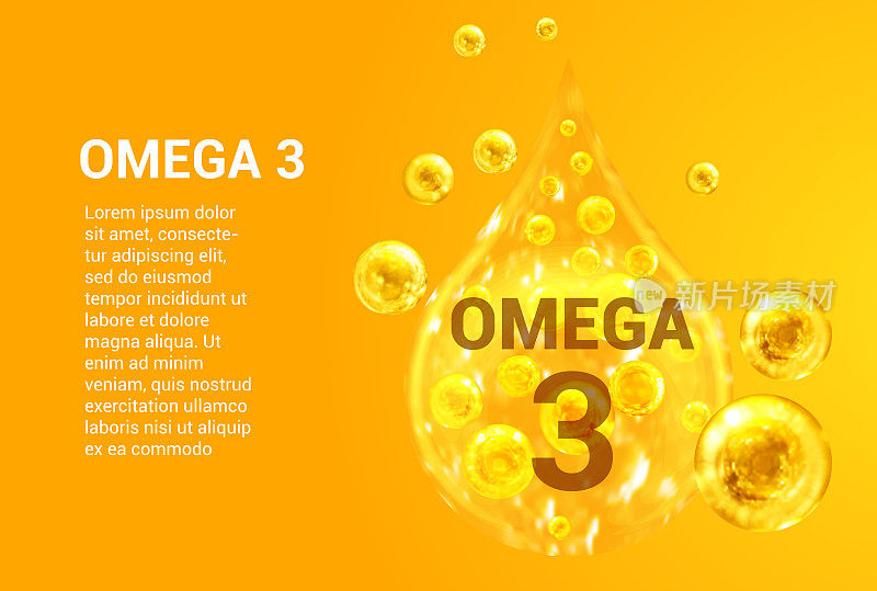 维生素OMEGA - 3。横幅与向量图像的黄金滴与氧气气泡。健康的概念。